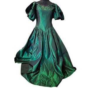 Vintage Emerald Green Maxi Gown 7/8 Union Made 80's Taffeta Yolk Waist Tulle